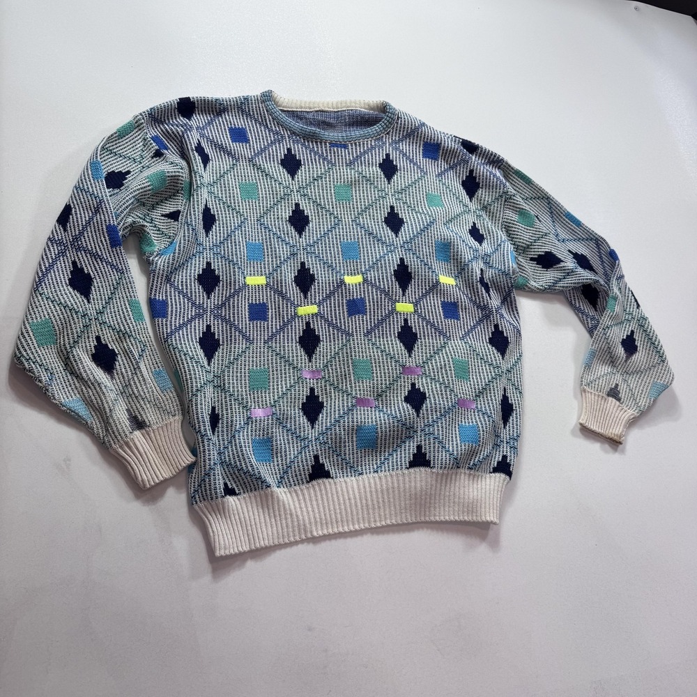 Geometric Argyle Sweater Mens Medium Multicolor Knit Crewneck Pullover Retro